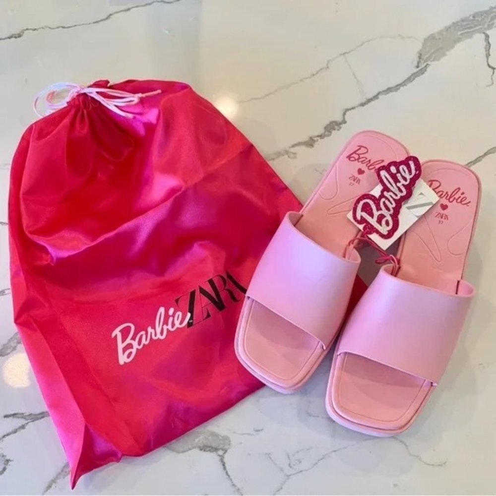 π Barbie x ZARA Pink Rubber Slides Heeled Sandals 6.5 37 - Picture 1 of 12